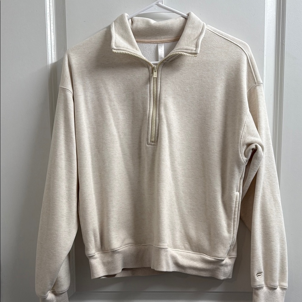 Fabletics Cream Zip Up Sweater with Ribbed Cuffs